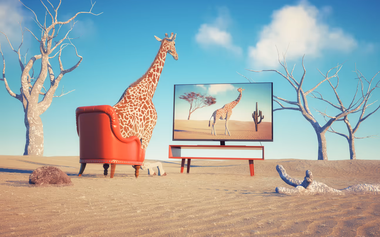 Giraffe watching tv abroad