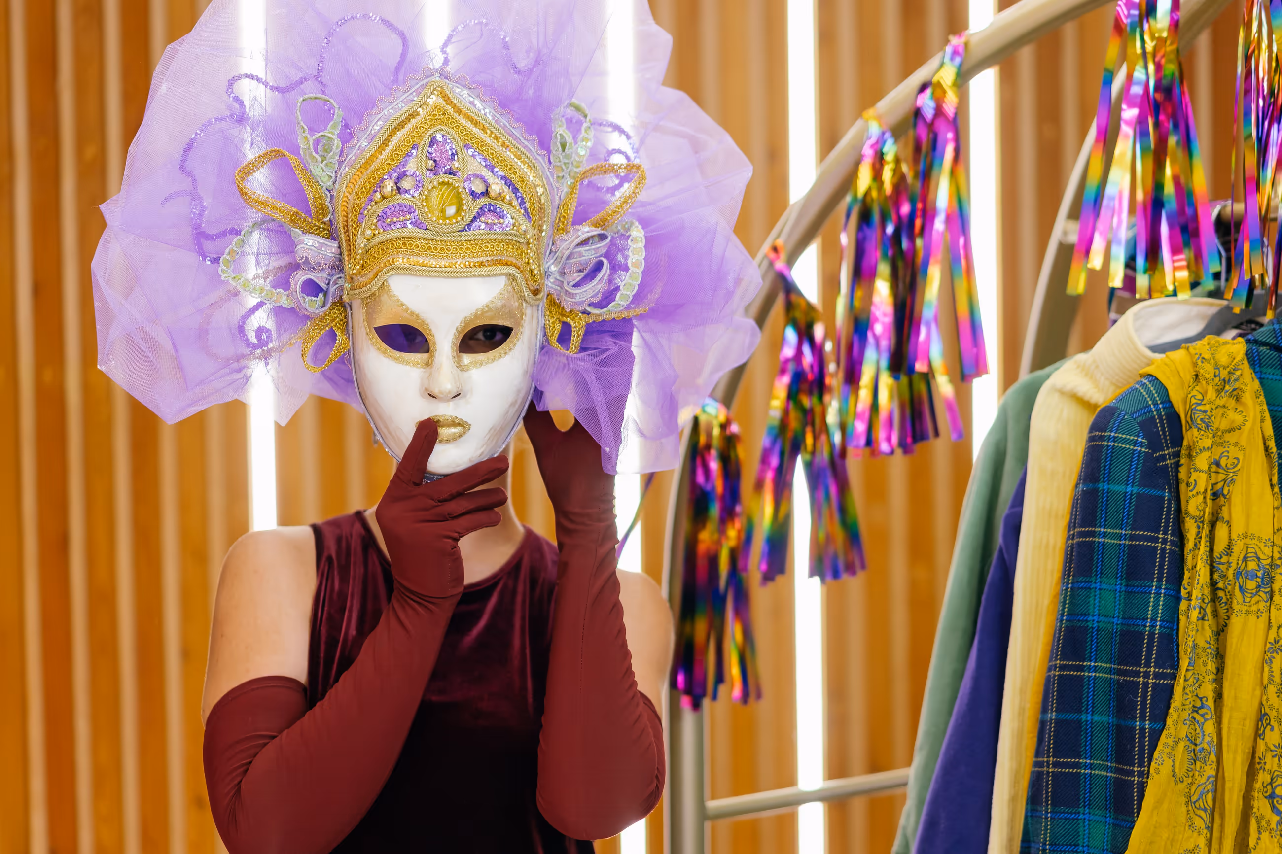 A masked singer in a jewelled headdress beside a costume rail